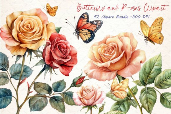 Download Watercolor Butterfly and Roses Clipart - Rose Collection